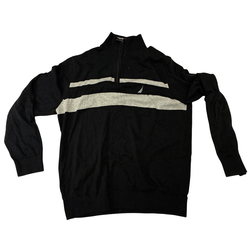 Nautica Mens Black‎ Striped Quarter Zip Cotton Knit Pullover Sweater Large L